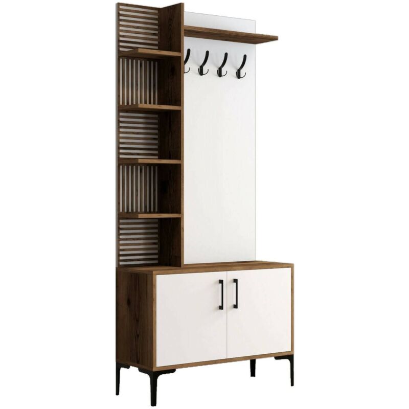 foto del prodotto mobile da ingresso anja, entratina appendiabiti, composizione per atrio, consolle portaoggetti multifunzione, 90x35h200 cm, noce e bianco dmora