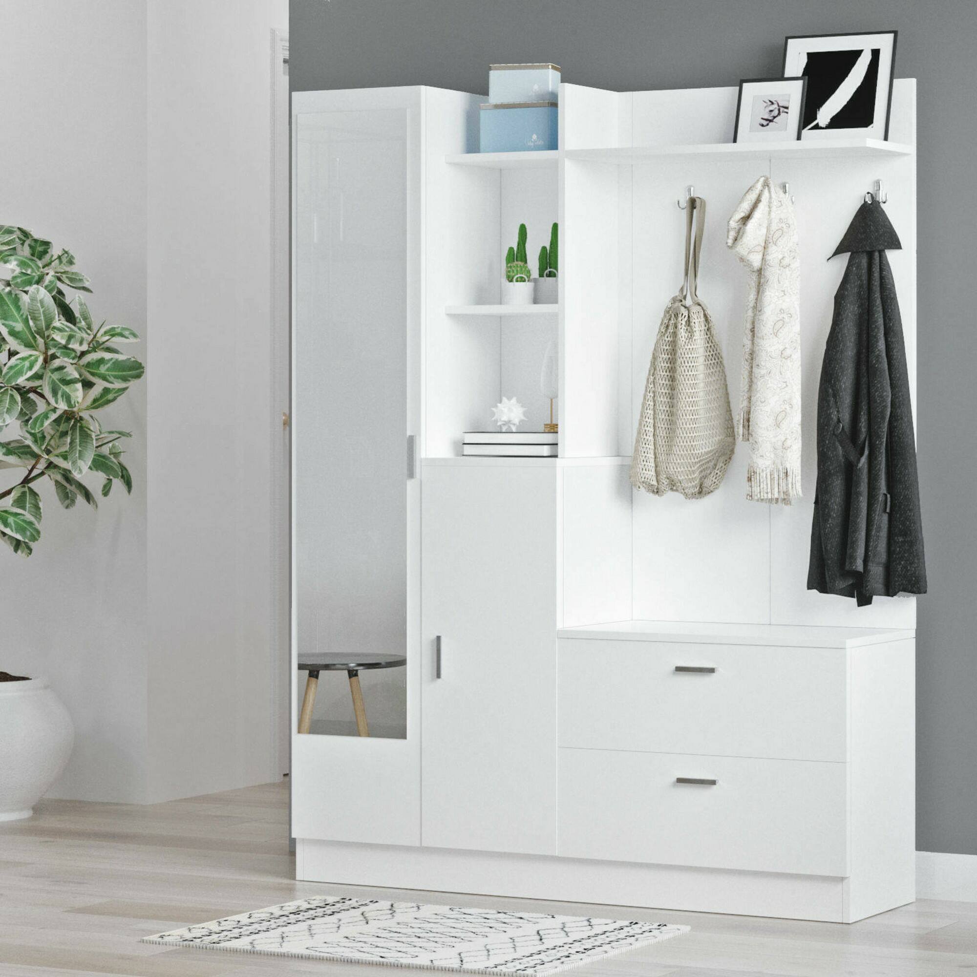 foto del prodotto mobile da ingresso anumali, entratina appendiabiti, composizione per atrio, consolle portaoggetti multifunzione, 140x37h182 cm, bianco