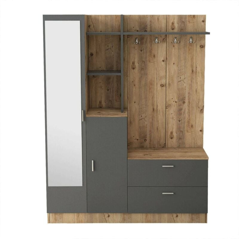 foto del prodotto mobile da ingresso anumali, entratina appendiabiti, composizione per atrio, consolle portaoggetti multifunzione, 140x37h182 cm, quercia e antracite