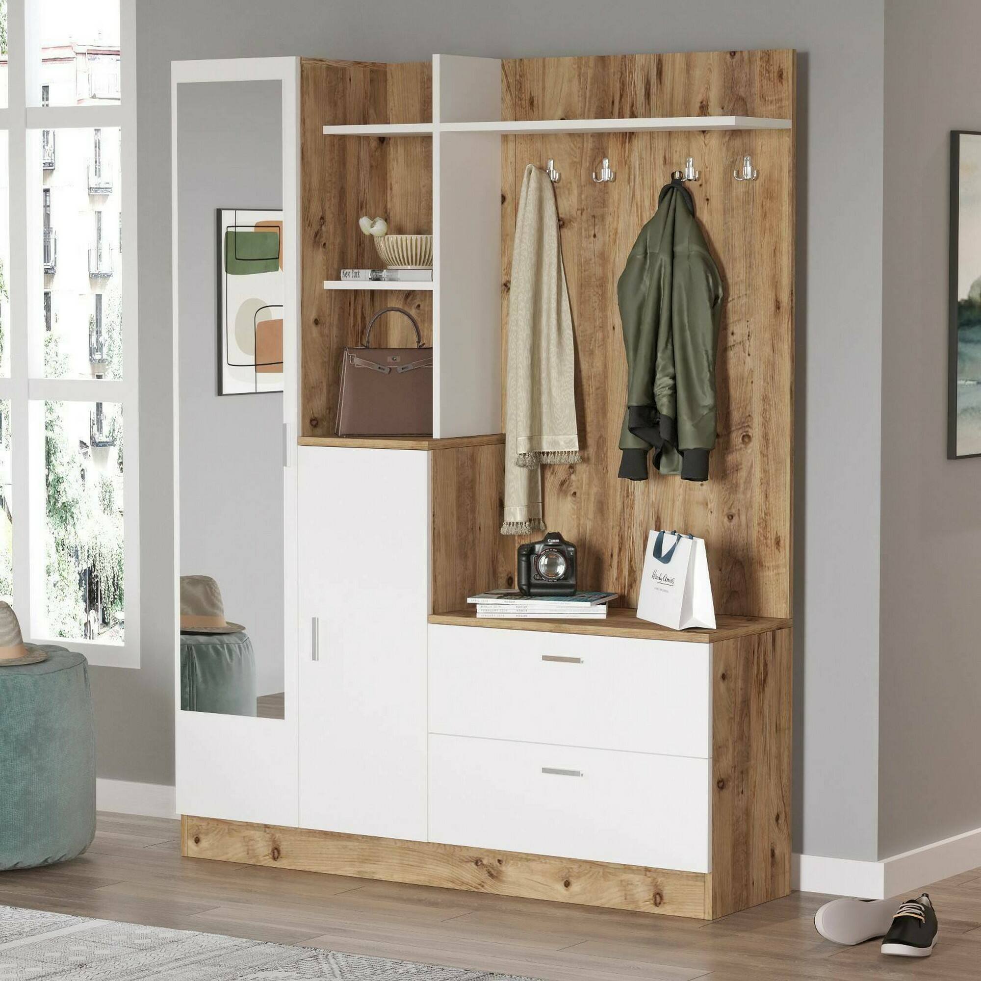 foto del prodotto mobile da ingresso anumali, entratina appendiabiti, composizione per atrio, consolle portaoggetti multifunzione, 140x37h182 cm, quercia e bianco