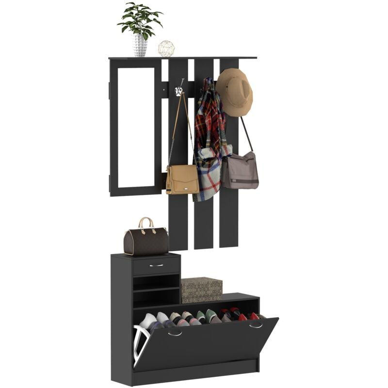 foto del prodotto mobile da ingresso appendiabiti con scarpiera e specchio 90x10x102 cm in truciolato nero