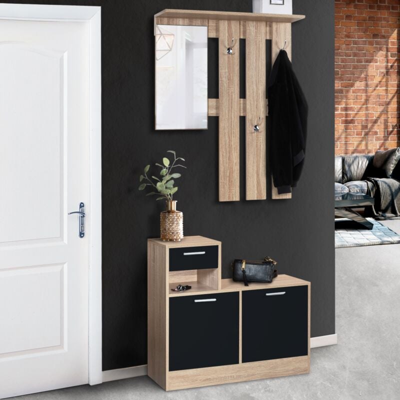 foto del prodotto mobile da ingresso, appendiabiti con specchio, design in legno faggio e ante nero paulin