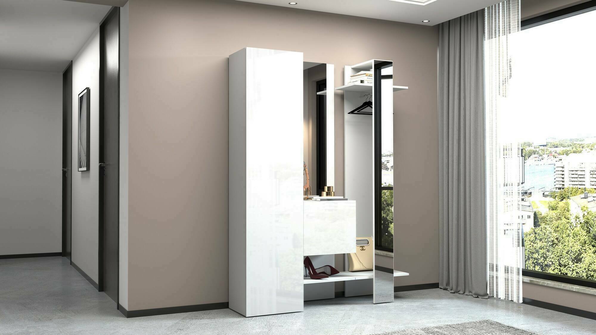 foto del prodotto mobile da ingresso arabelle, armadietto multifunzione a 2 ante, appendiabiti da parete con 2 specchi, 140x35h190 cm, bianco dmora