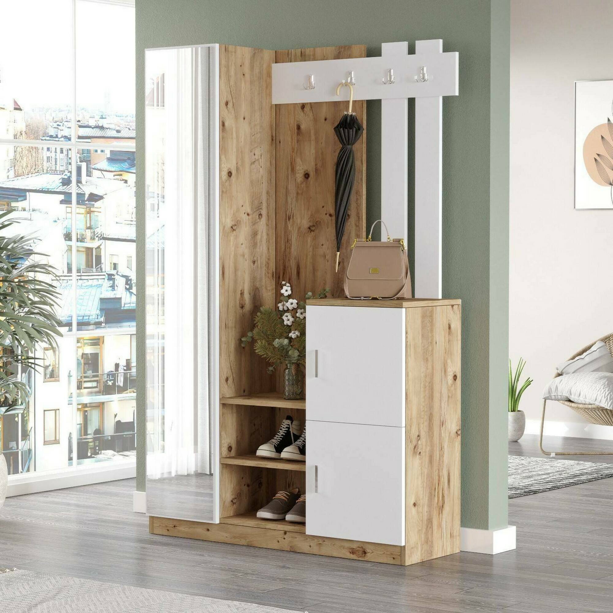 foto del prodotto mobile da ingresso arco, entratina appendiabiti, composizione per atrio, consolle portaoggetti multifunzione, 114x38h180 cm, quercia e bianco