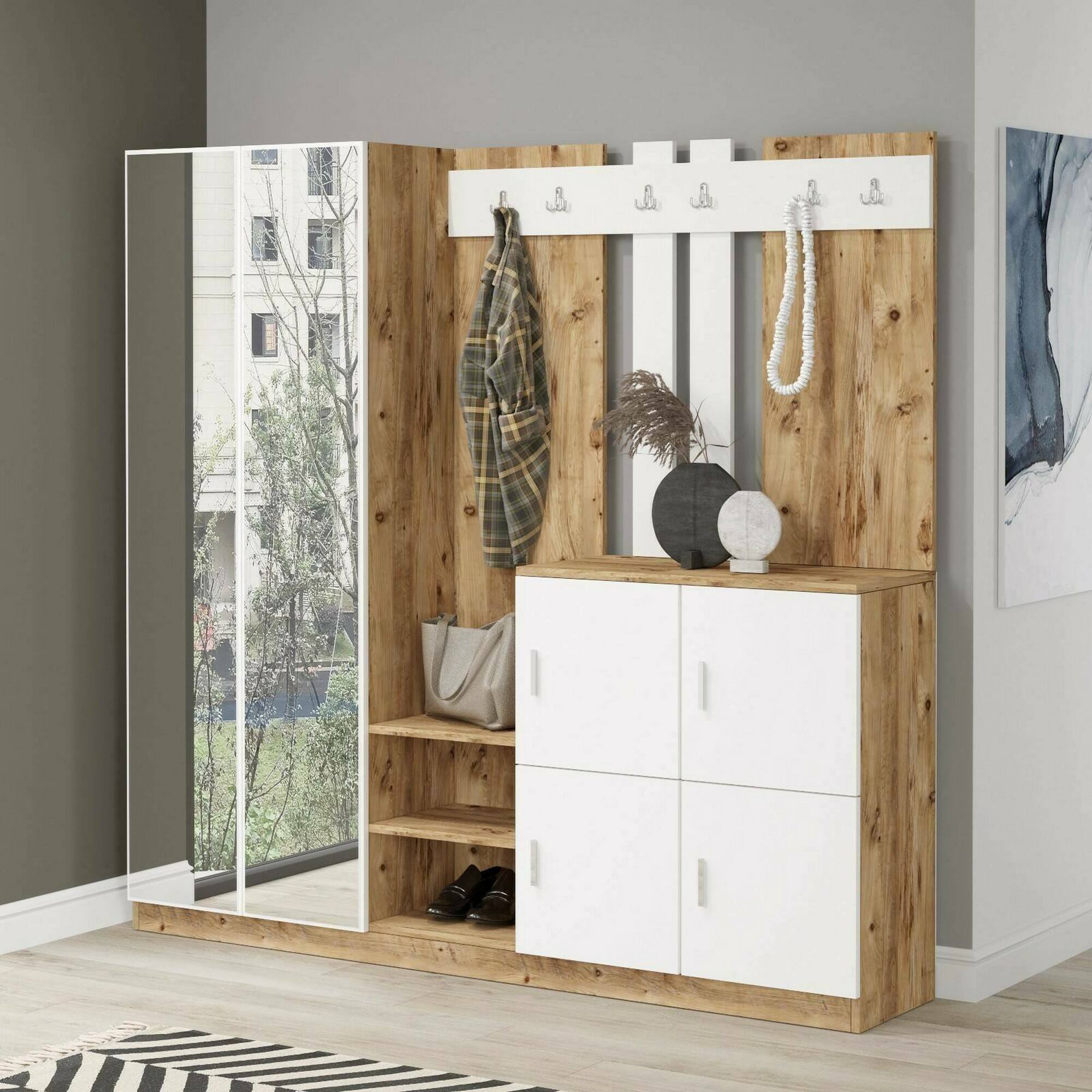 foto del prodotto mobile da ingresso artin, entratina appendiabiti, composizione per atrio, consolle portaoggetti multifunzione, 187x38h180 cm, quercia e bianco