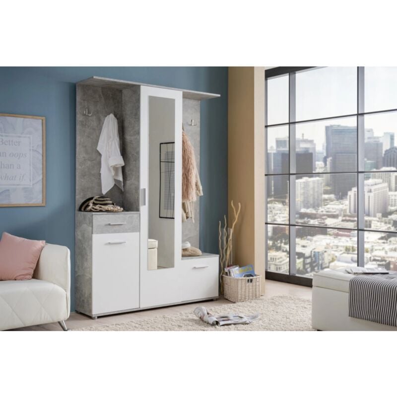 foto del prodotto mobile da ingresso barcellona con specchio, cassetti e appendiabiti bianco e cemento, 133x33x197 cm