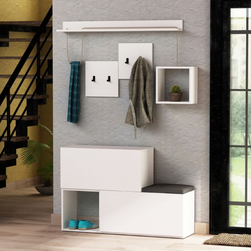 foto del prodotto mobile da ingresso bianco con appendiabiti, contenitore e specchio inga