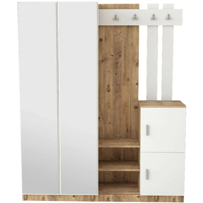 foto del prodotto mobile da ingresso borealis, entratina appendiabiti, composizione per atrio, consolle portaoggetti multifunzione, 147x38h180 cm, quercia e bianco,