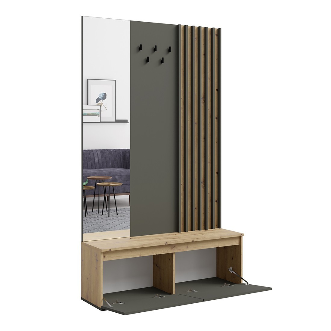 foto del prodotto mobile da ingresso con appendiabiti e specchio 120 cm rovere chiaro e grigio antracite collezione mone