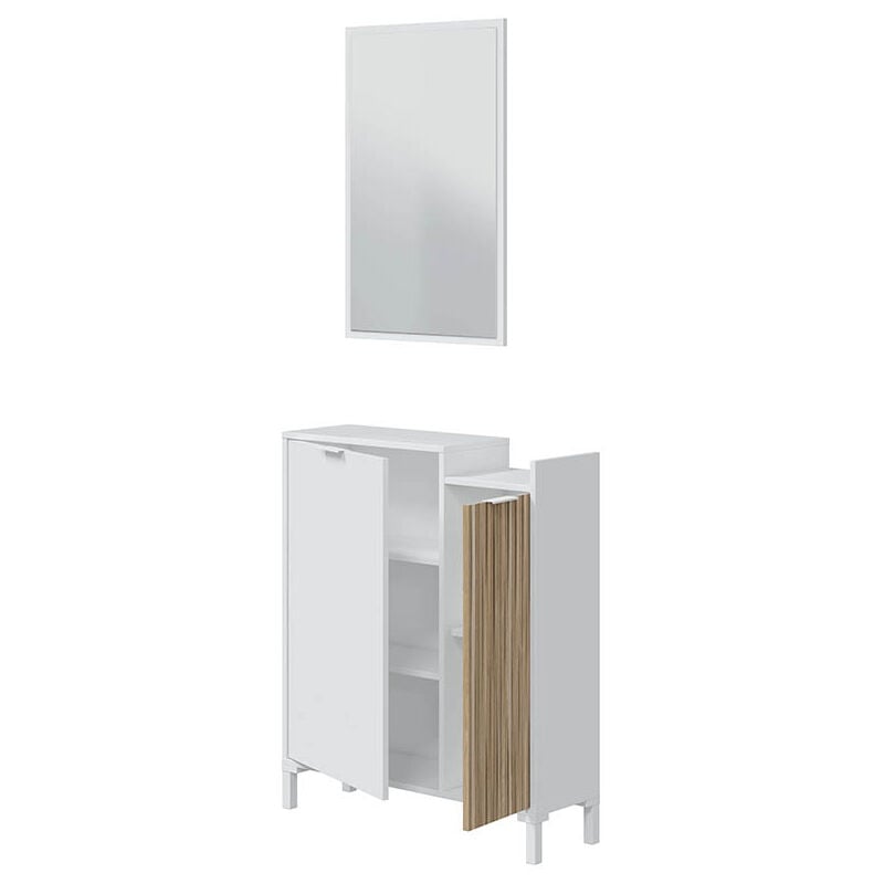foto del prodotto mobile da ingresso corridoio con specchio set casa salvaspazio entratina con ripiani per scarpe chiavi accessori in legno design moderno arredo