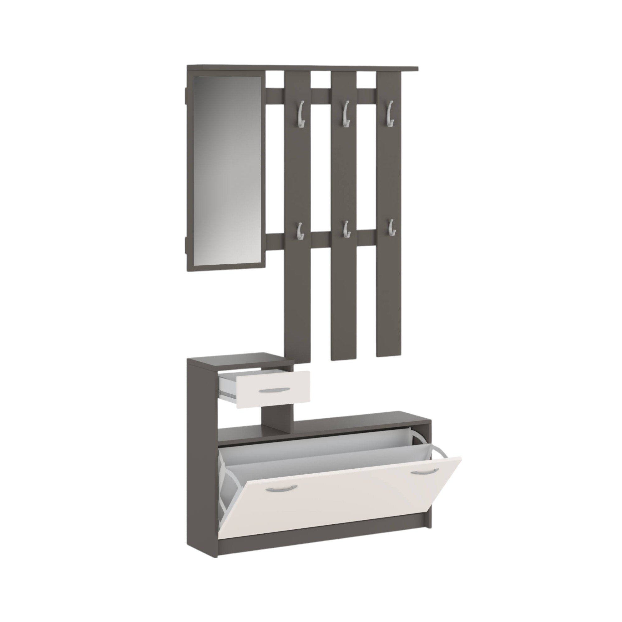 foto del prodotto mobile da ingresso dazio, entratina moderna con specchio, mobile con scarpiera, armadietto multifunzione, 100x25h180 cm, bianco e antracite