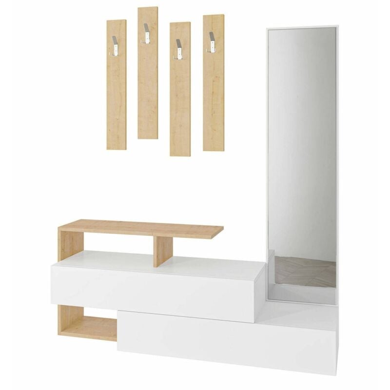 foto del prodotto mobile da ingresso himalia, entratina appendiabiti, composizione per atrio, consolle portaoggetti multifunzione, 137x35h55 cm, bianco e rovere, con