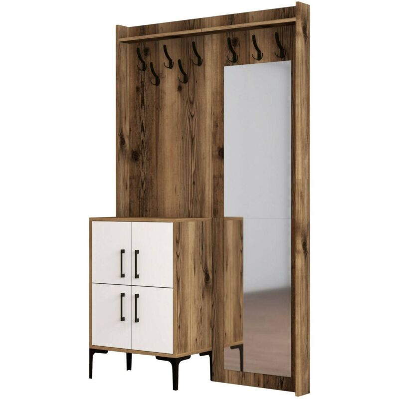 foto del prodotto mobile da ingresso isidore, entratina appendiabiti, composizione per atrio, consolle portaoggetti multifunzione, 120x35h200 cm, noce e bianco dmora