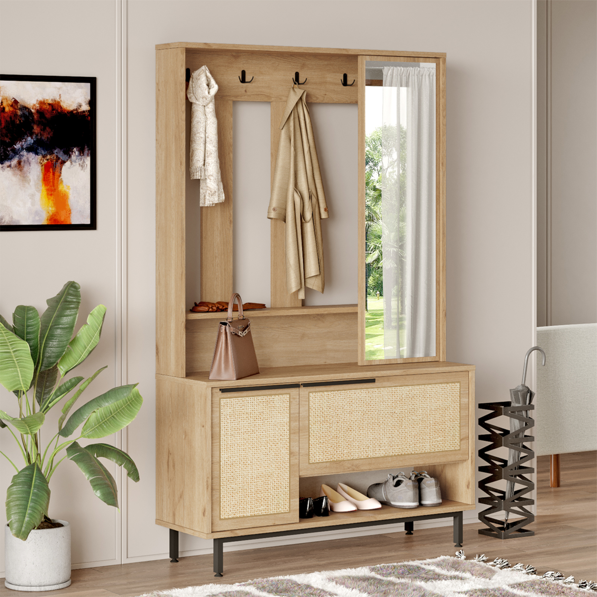 foto del prodotto mobile da ingresso kv nangen armadio guardaroba semiaperto effetto rovere rattan en.casa 