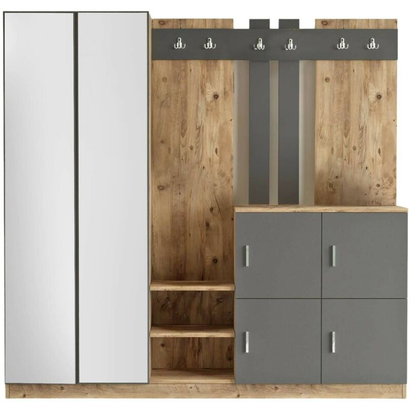 foto del prodotto mobile da ingresso media, entratina appendiabiti, composizione per atrio, consolle portaoggetti multifunzione, 187x38h180 cm, quercia e antracite,