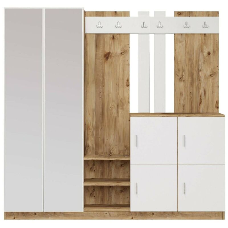 foto del prodotto mobile da ingresso media, entratina appendiabiti, composizione per atrio, consolle portaoggetti multifunzione, 187x38h180 cm, quercia e bianco, con