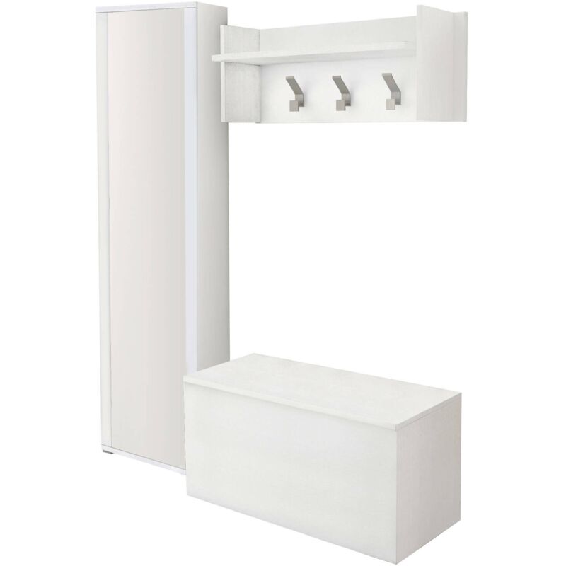 foto del prodotto mobile da ingresso mirtilla, entratina moderna con appendiabiti, mobile con scarpiera, armadietto con specchio, cm 50x32h182, bianco, con imballo