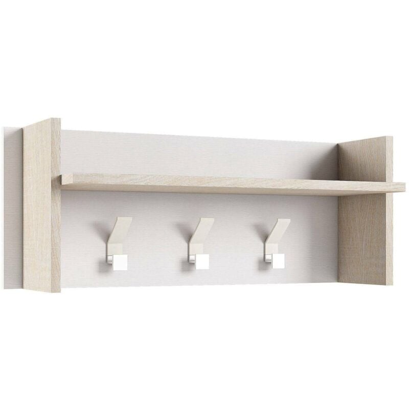foto del prodotto mobile da ingresso narciso, mobile appendiabiti con 3 ganci, mensola portaoggetti da ingresso, 100 made in italy, cm 90x29h34, bianco e rovere, con