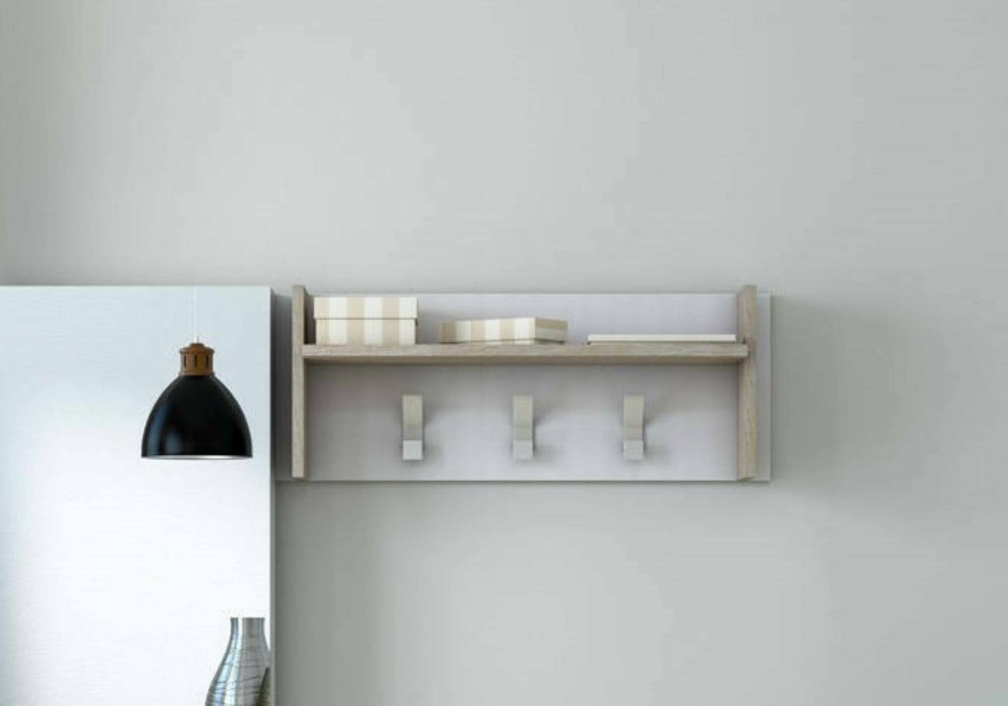 foto del prodotto mobile da ingresso narciso, mobile appendiabiti con 3 ganci, mensola portaoggetti da ingresso, 100 made in italy, cm 90x29h34, bianco e rovere, con