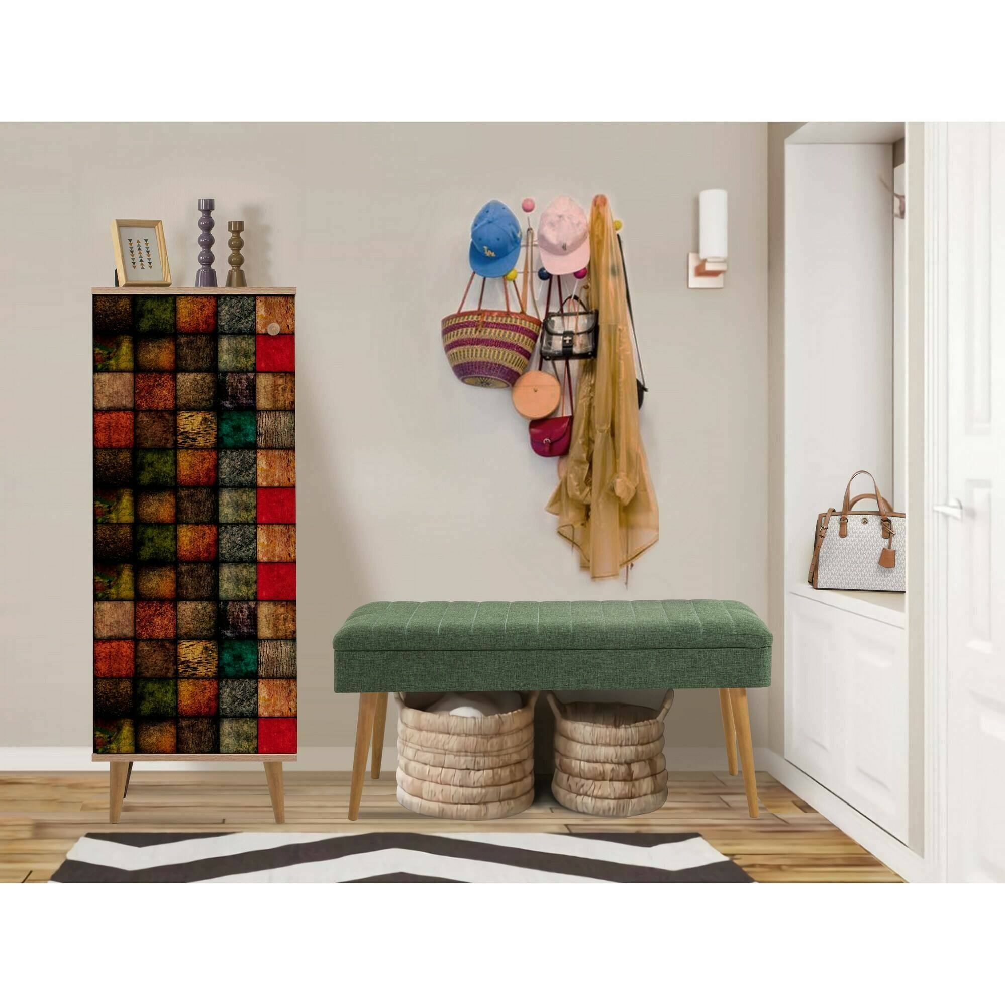 foto del prodotto mobile da ingresso podgorica, entratina appendiabiti, composizione per atrio, consolle portaoggetti multifunzione, 50x38h135 cm, quercia e verde