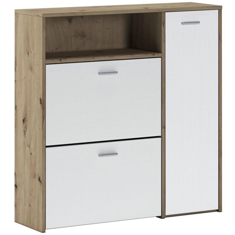 foto del prodotto mobile da ingresso scultore, entratina appendiabiti, composizione per atrio, consolle portaoggetti multifunzione, 92x27h94 cm, rovere e bianco