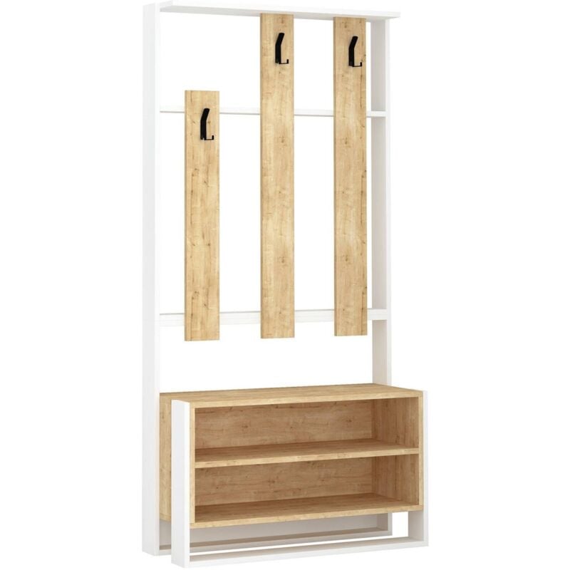 foto del prodotto mobile da ingresso toraji, entratina appendiabiti, composizione per atrio, consolle portaoggetti multifunzione, 90x36 h180 cm, bianco e quercia