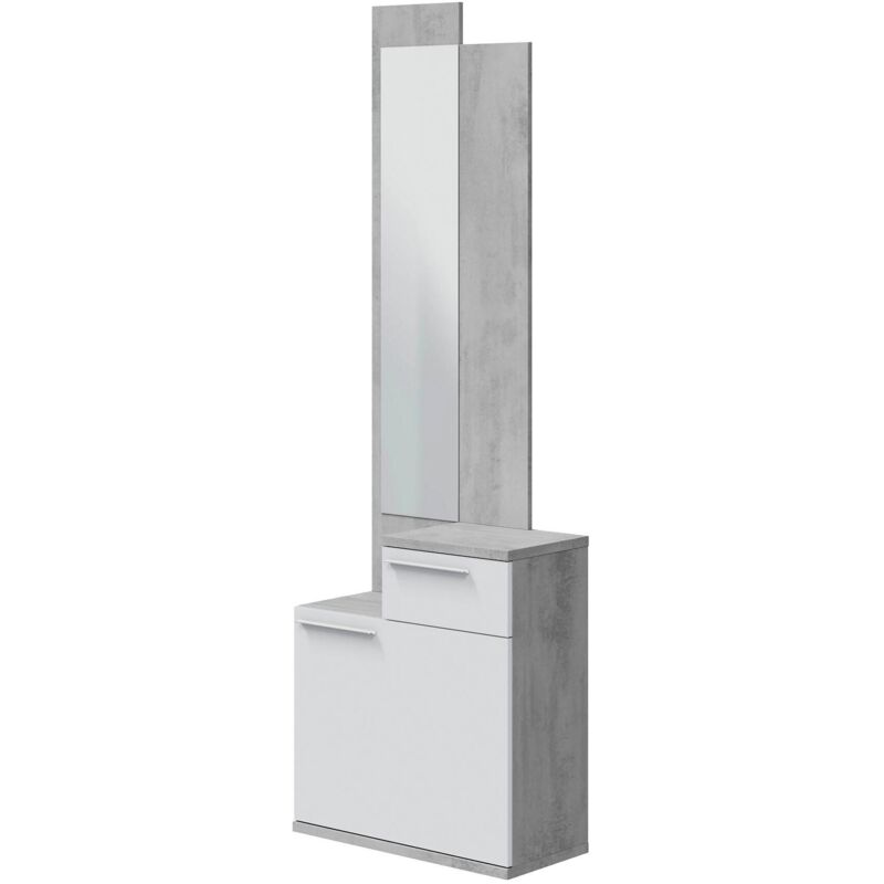 foto del prodotto mobile da ingresso waltham, scarpiera multifunzione con specchio, armadio a 1 anta e 1 cassetto, 61x28h185 cm, cemento e bianco lucido, con imballo