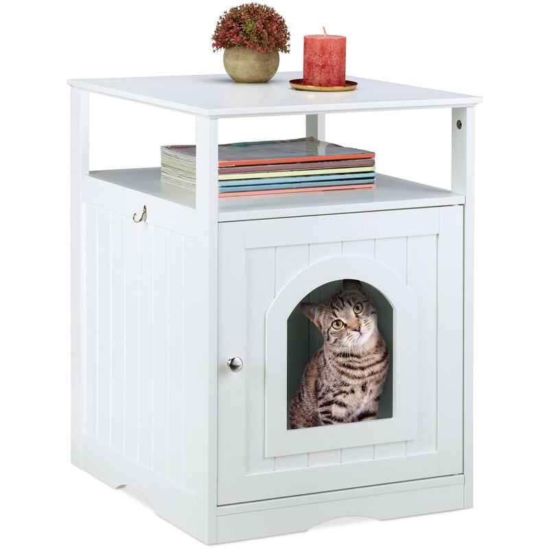 foto del prodotto mobile da lettiera, cuccia per gatti, mobiletto con ripiano, anta magnetica, forato, hlp 64x48x53 cm, bianco relaxdays