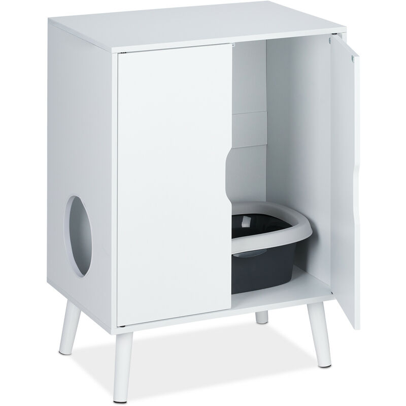 foto del prodotto mobile da lettiera nascosta, cuccia per gatti, mobiletto lettino gattini con anta, hlp 77x58x40 cm, bianco relaxdays