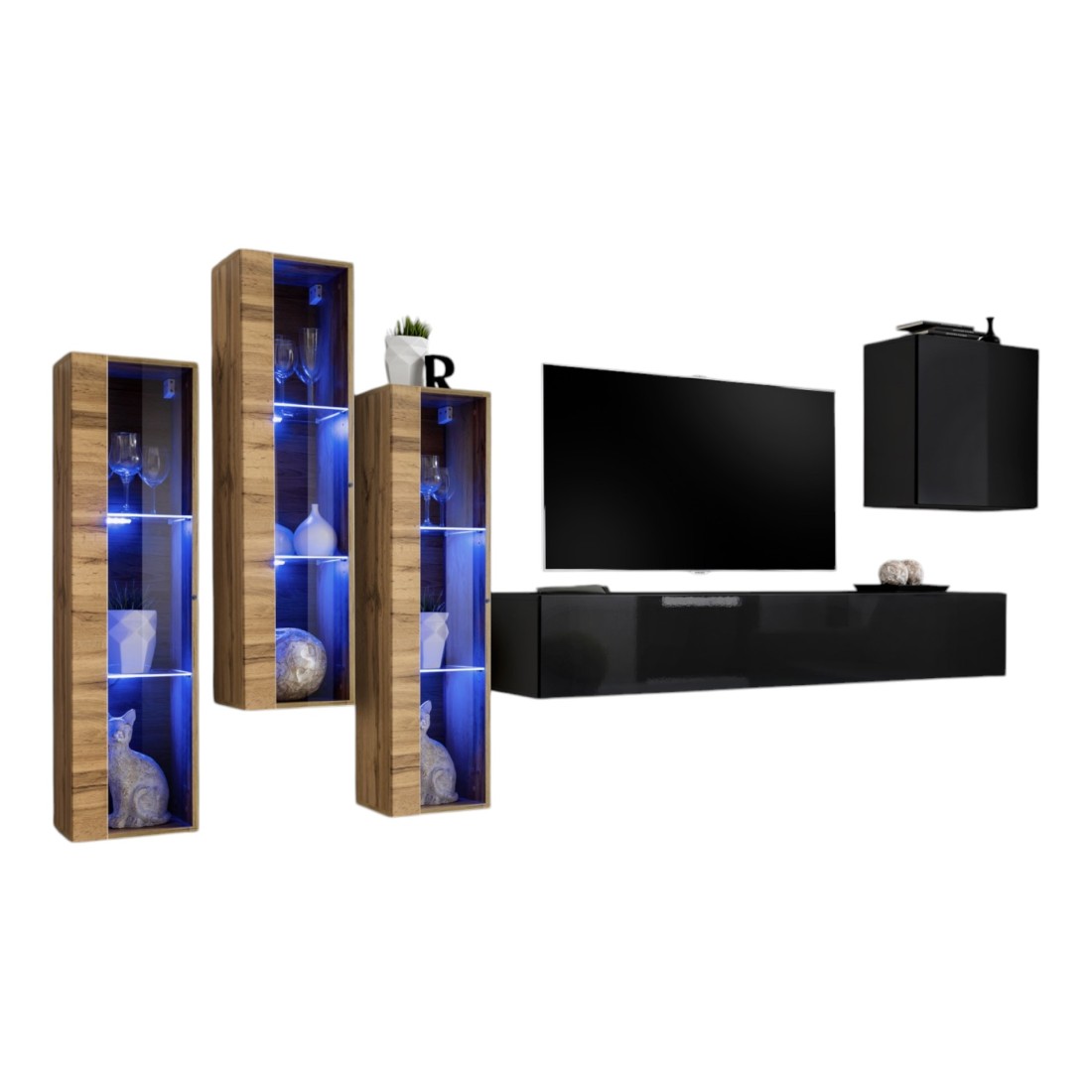 foto del prodotto mobile da soggiorno a parete switch xiii design, colore nero e rovere wotan.