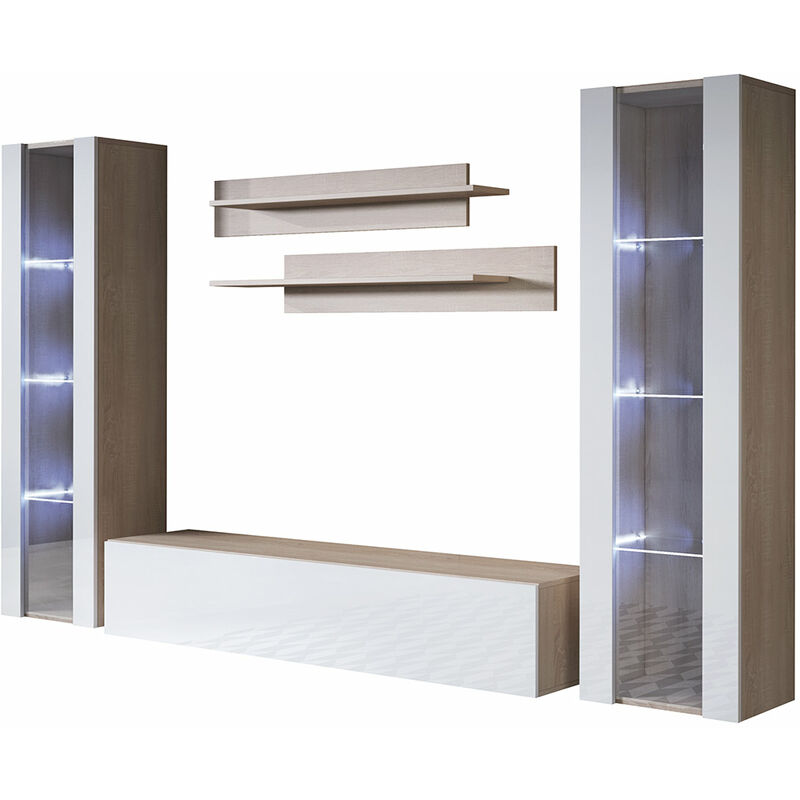 foto del prodotto mobile da soggiorno con led mobile tv parete composizione set salotto 220cm modello luke 8e sonoma opaco e bianco finitura lucida