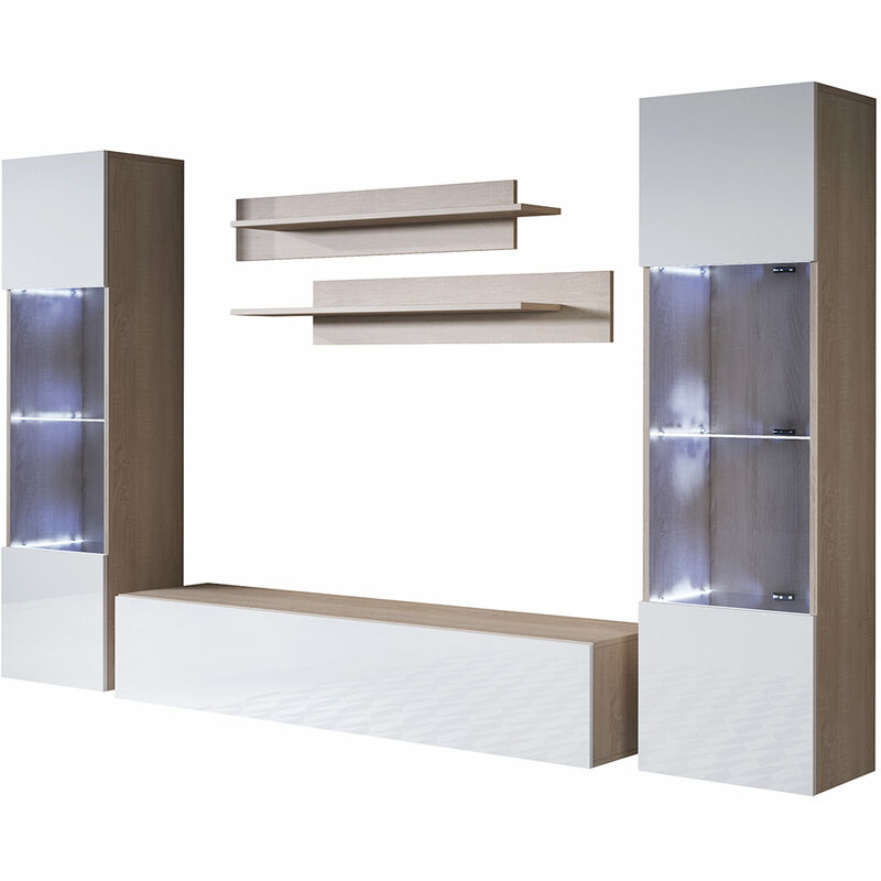 foto del prodotto mobile da soggiorno con led mobile tv parete composizione set salotto 260cm modello luke9e sonoma opaco e bianco finitura lucida