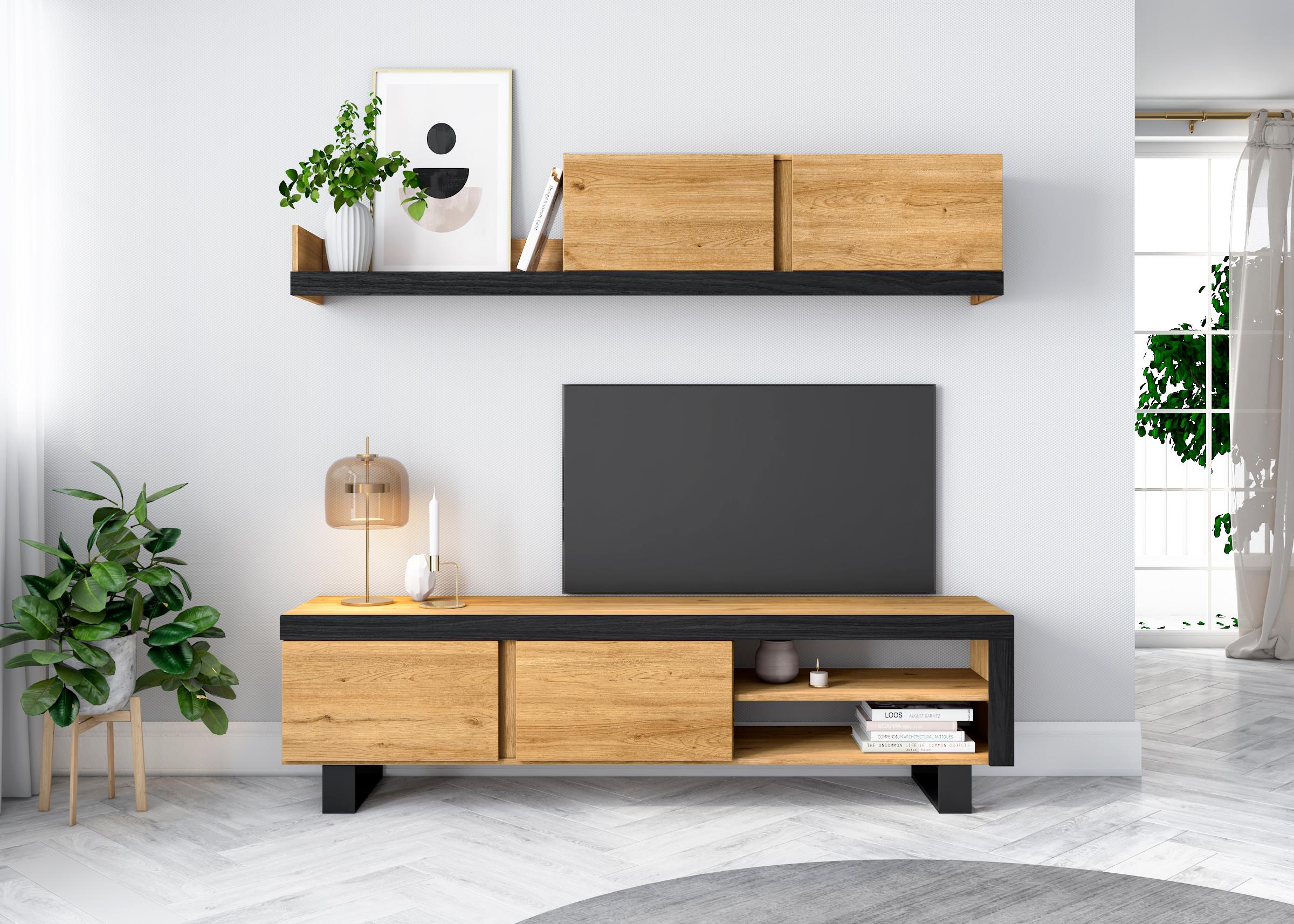 foto del prodotto mobile da soggiorno idem naturale, 200x40x180cm mobile tv basso, colore rovere nordico nero, stile moderno rf986