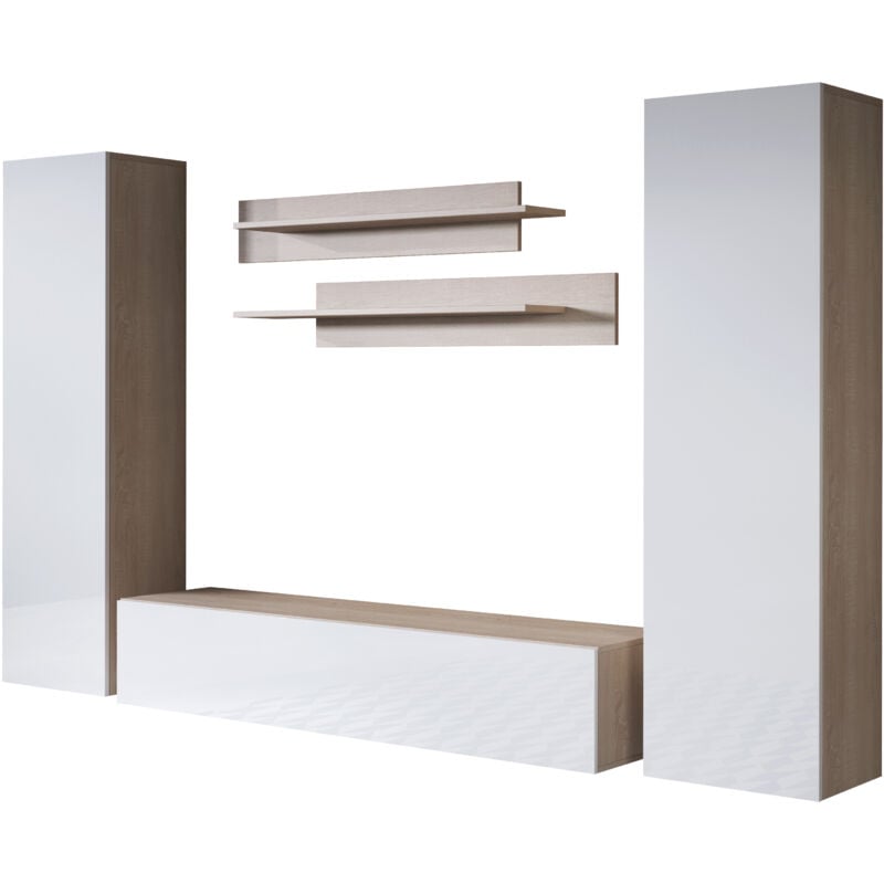 foto del prodotto mobile da soggiorno mobile tv parete composizione set salotto 220cm modello luke 7e sonoma opaco e bianco finitura lucida