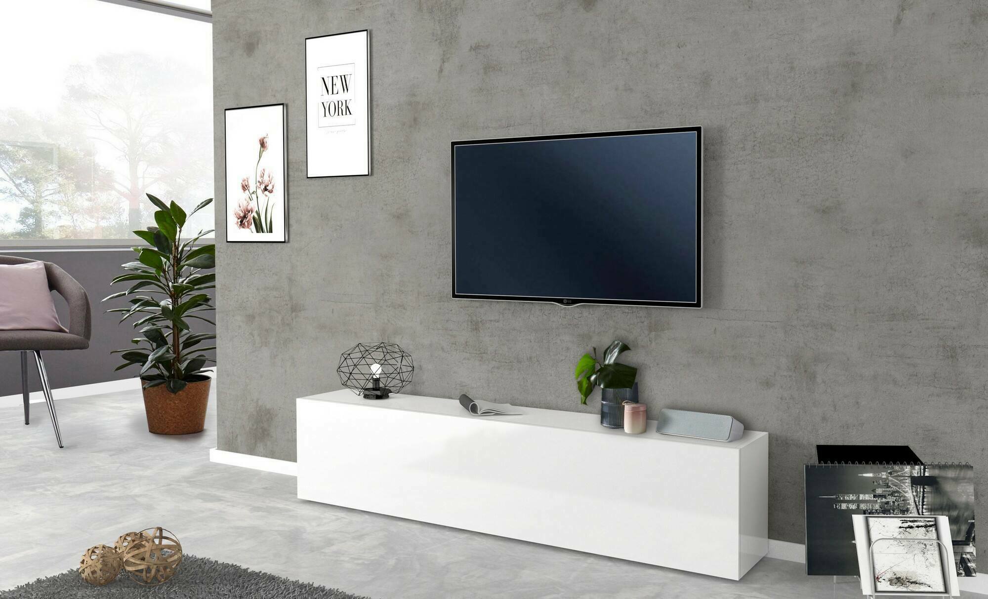 foto del prodotto mobile da soggiorno porta alakazam, made in italy, credenza per alakazam da salotto a 1 anta a ribalta, cm 180x30h40, colore bianco lucido