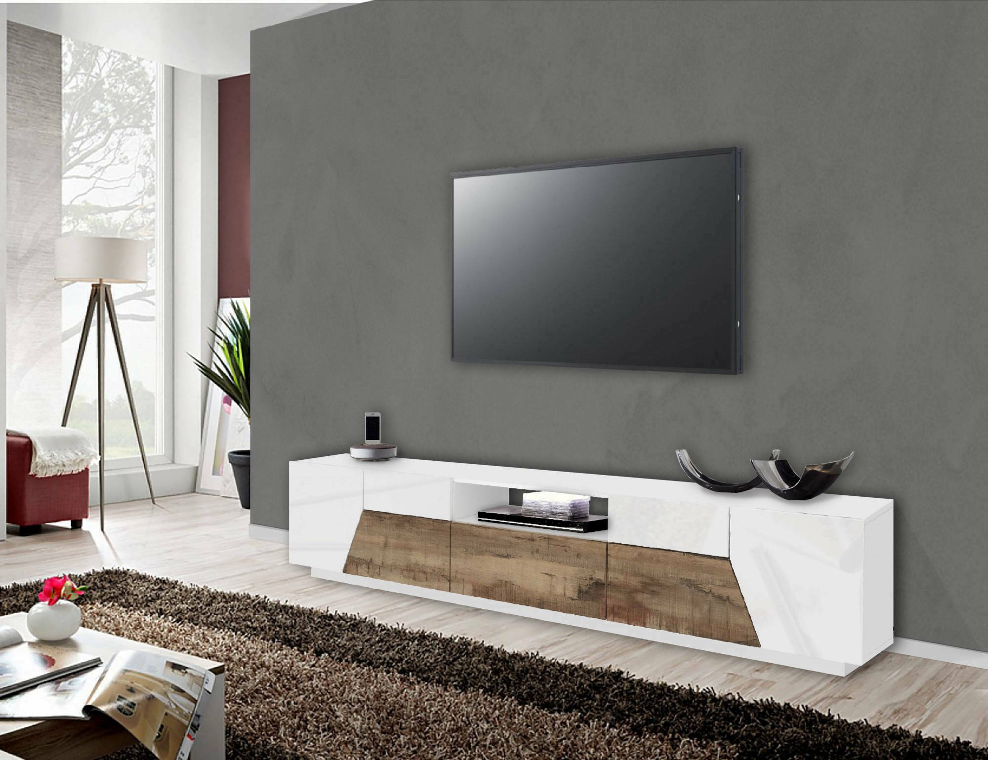 foto del prodotto mobile da soggiorno porta animai, made in italy, credenza per animai da salotto a 4 ante geometriche e 1 cassetto, cm 220x43h46, bianco lucido e acero