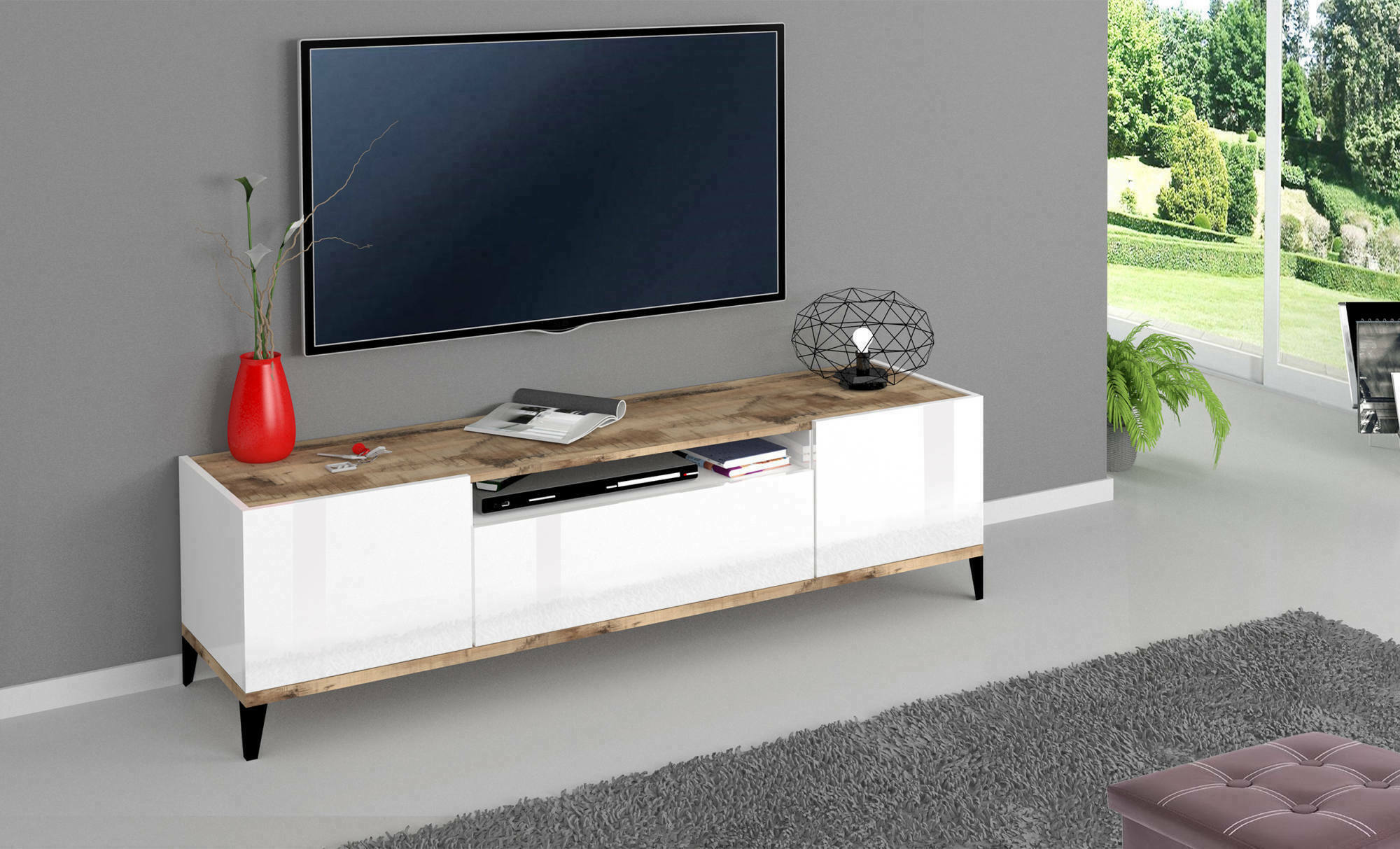 foto del prodotto mobile da soggiorno porta argentoro, made in italy, supporto per argentoro da salotto a 2 ante e 1 cassetto, cm 160x40h47, bianco lucido e acero