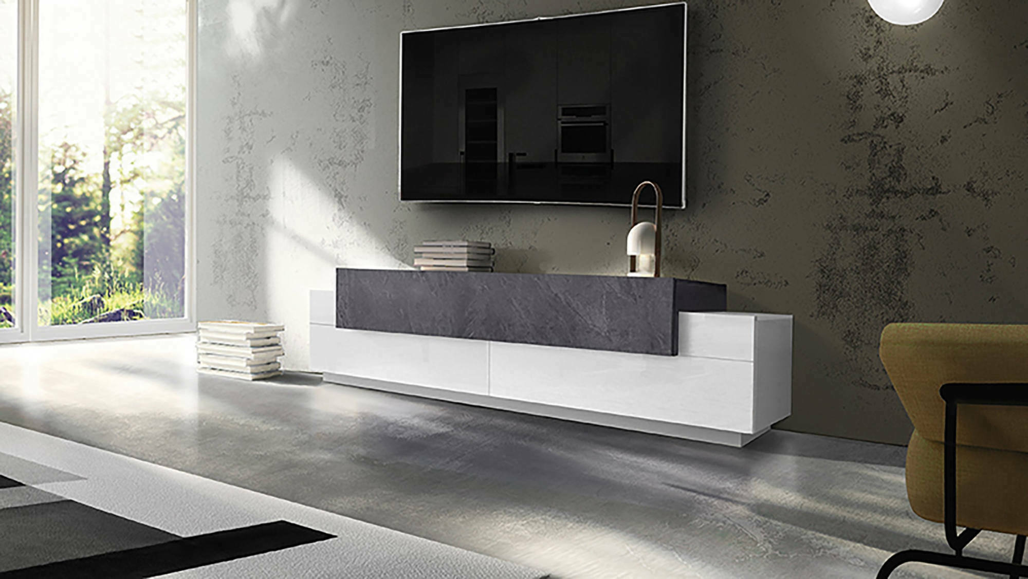 foto del prodotto mobile da soggiorno porta arold, made in italy, supporto per arold da salotto a 3 ante e ripiani, cm 200x45h52, bianco lucido e grigio cenere