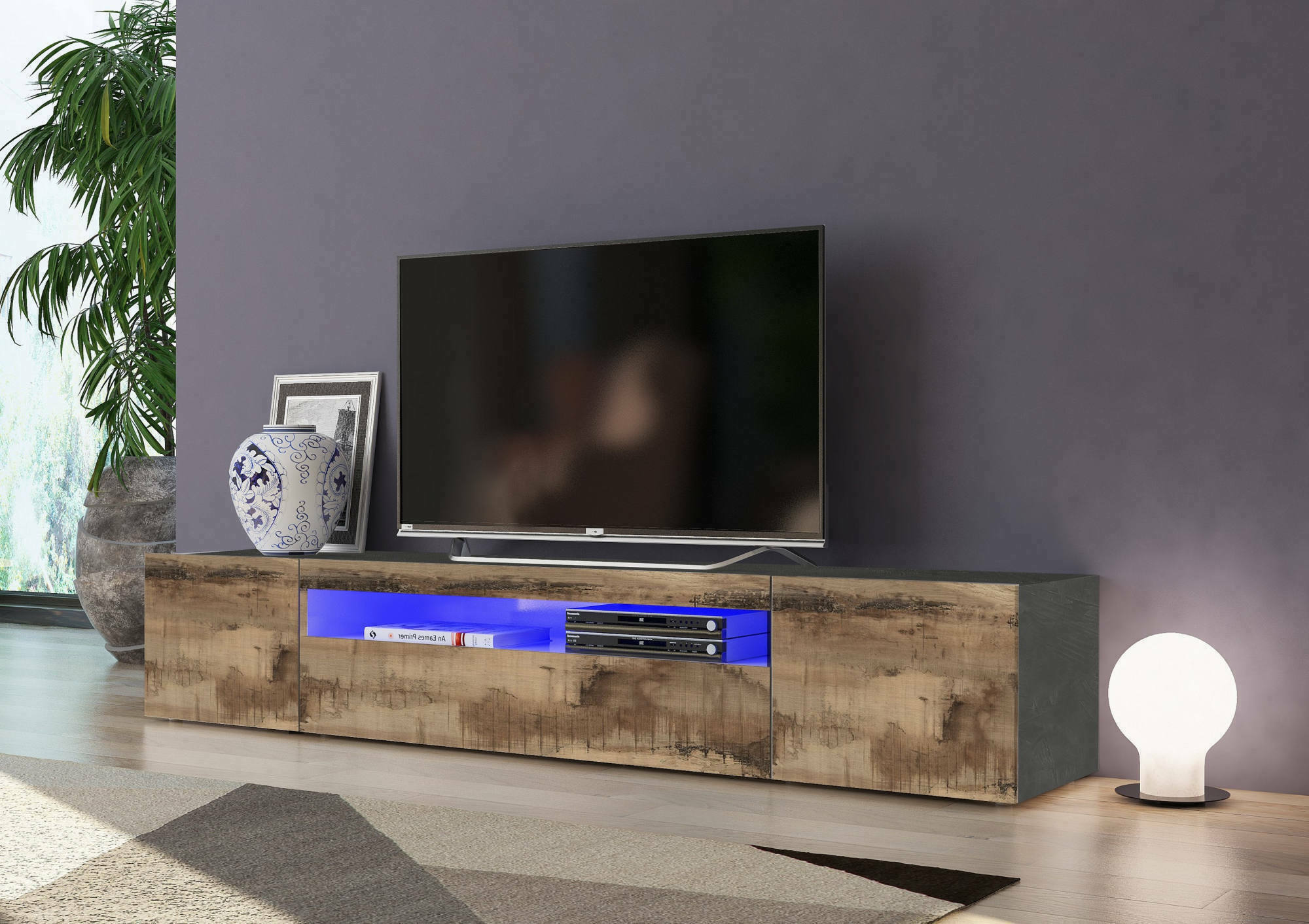 foto del prodotto mobile da soggiorno porta artropodi, made in italy, credenza per artropodi in stile industrial a 3 ante, cm 200x40h37, ardesia e acero, con luce led blu