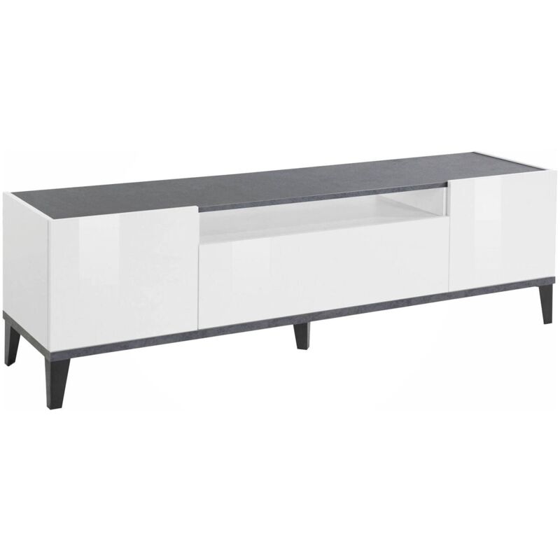 foto del prodotto mobile da soggiorno porta tv, made in italy, supporto per tv da salotto a 2 ante e 1 cassetto, cm 160x40h47, bianco lucido e ardesia, con imballo
