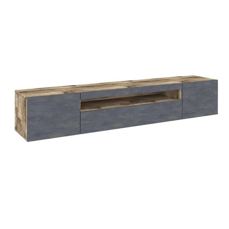 foto del prodotto mobile da soggiorno porta tv, made in italy, supporto per tv da salotto a 3 ante e ripiani, cm 200x40h37, colore acero e ardesia, con imballo