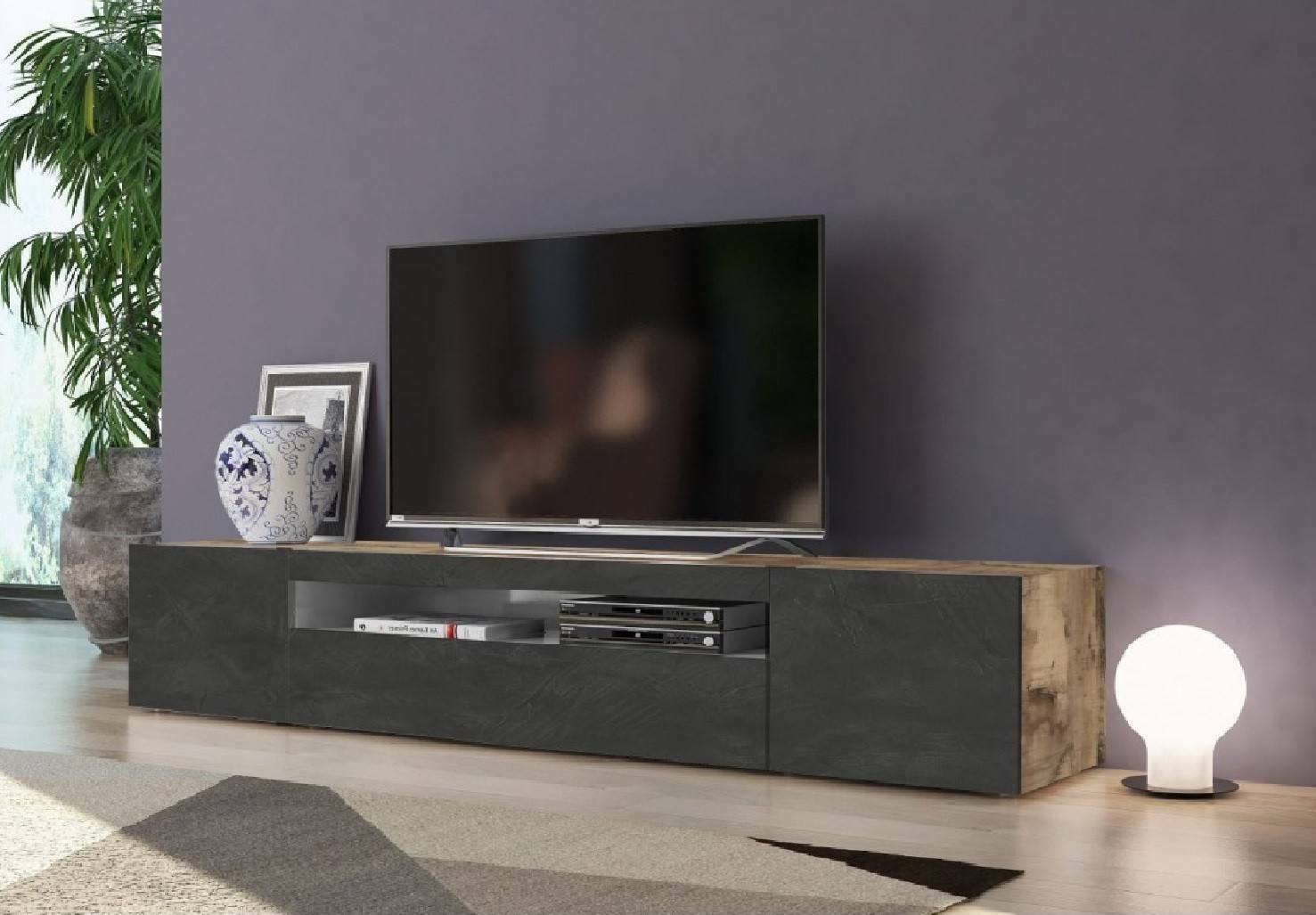 foto del prodotto mobile da soggiorno porta tv, made in italy, supporto per tv da salotto a 3 ante e ripiani, cm 200x40h37, colore acero e ardesia, con imballo