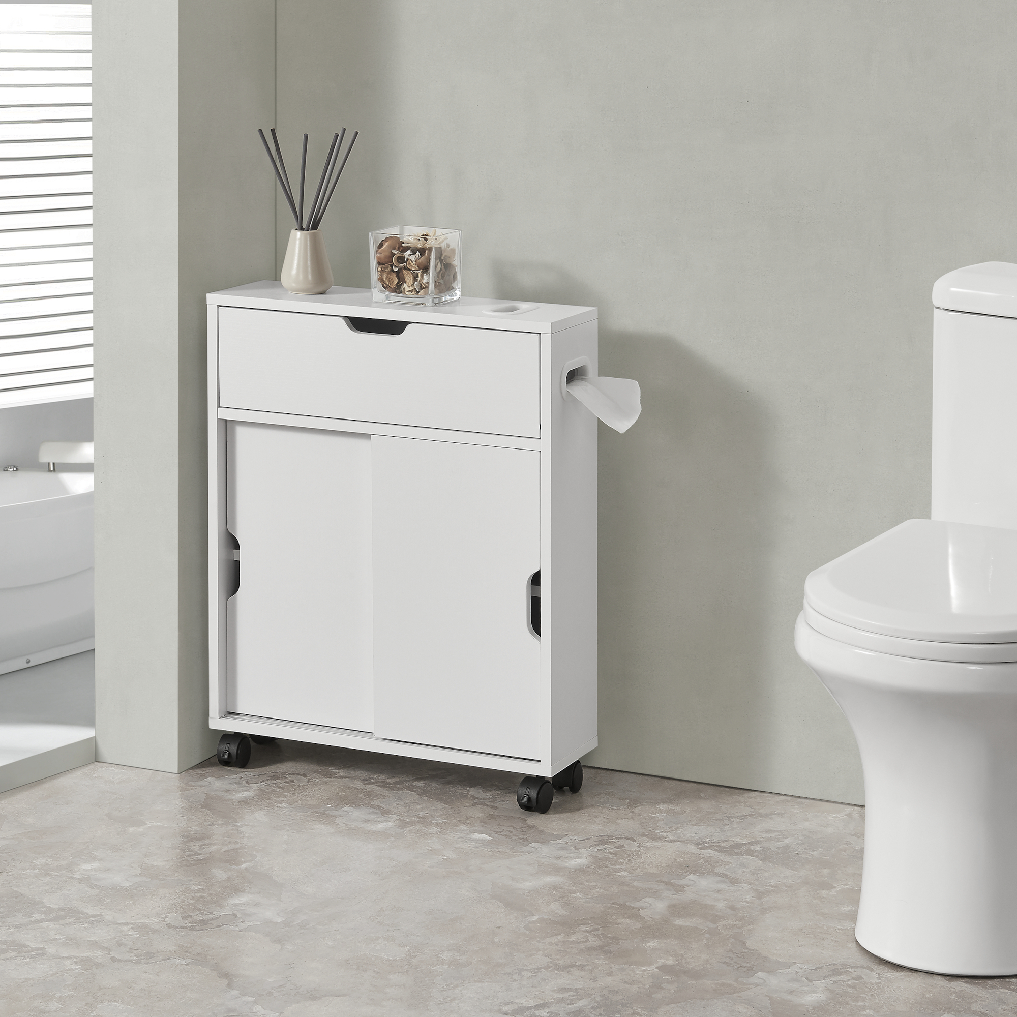 foto del prodotto mobile da terra kempele con ante e 4 ruote per bagno 67x52x17 cm bianco en.casa 