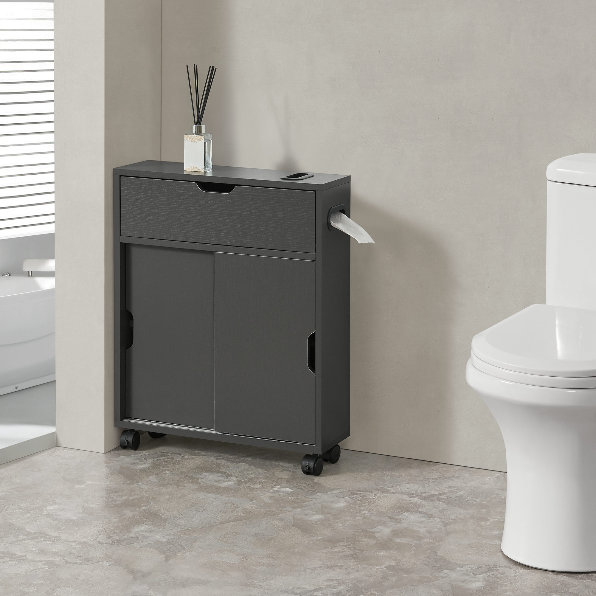 foto del prodotto mobile da terra kempele con ante e 4 ruote per bagno 67x52x17 cm grigio scuro en.casa 