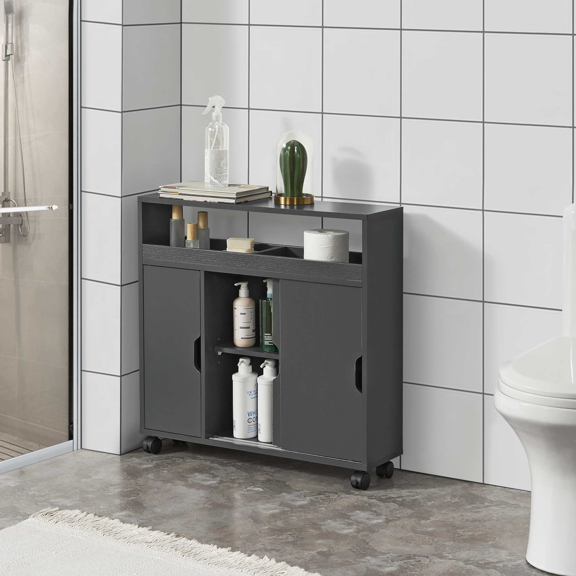 foto del prodotto mobile da terra lumijoki con ante scorrevoli e 4 ruote 71x70x20 cm grigio scuro en.casa 