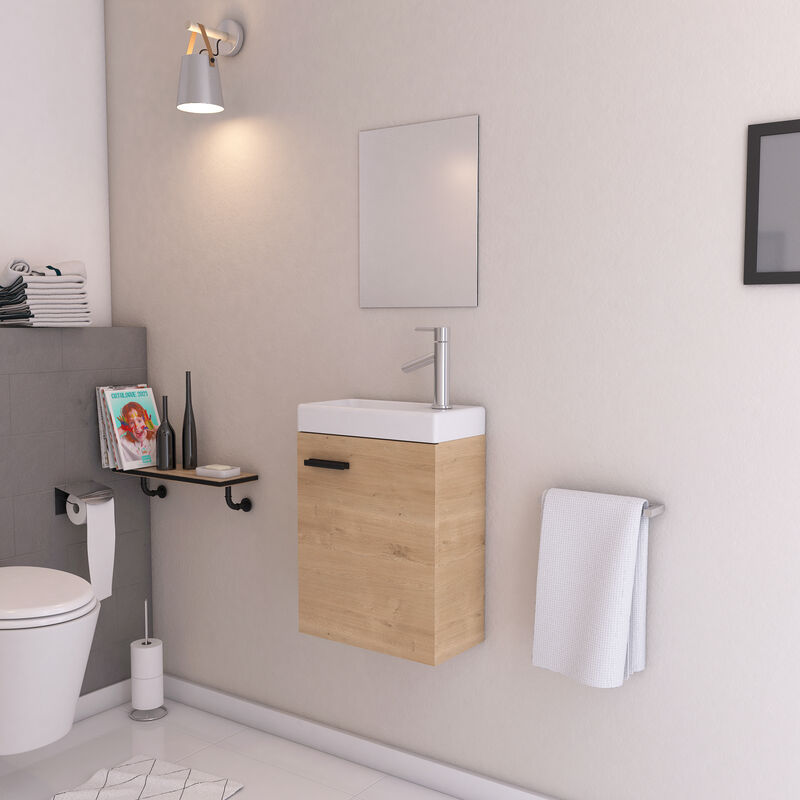 foto del prodotto mobile de bagno effetto legno con lavabo 41x50x22cm e specchio smallly wood