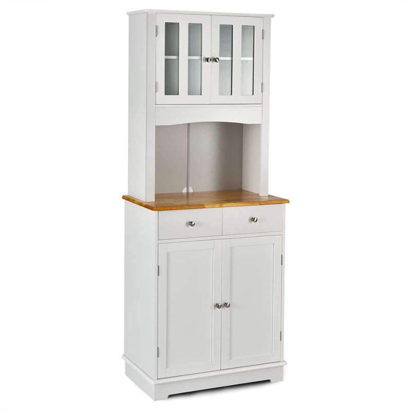 foto del prodotto mobile dispensa da cucina autoportante, buffet con piano in legno, credenza e 2 cassetti, ripiani regolabili, armadietto con ante in vetro, spazio