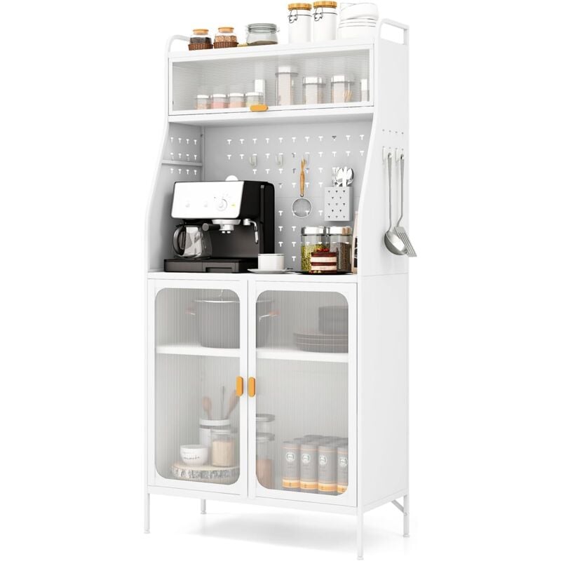 foto del prodotto mobile dispensa per cucina, mobile da forno autonomo con pannello forato, porte trasparenti, ripiano regolabile, 8 ganci e 1 cestello appendibile, 76