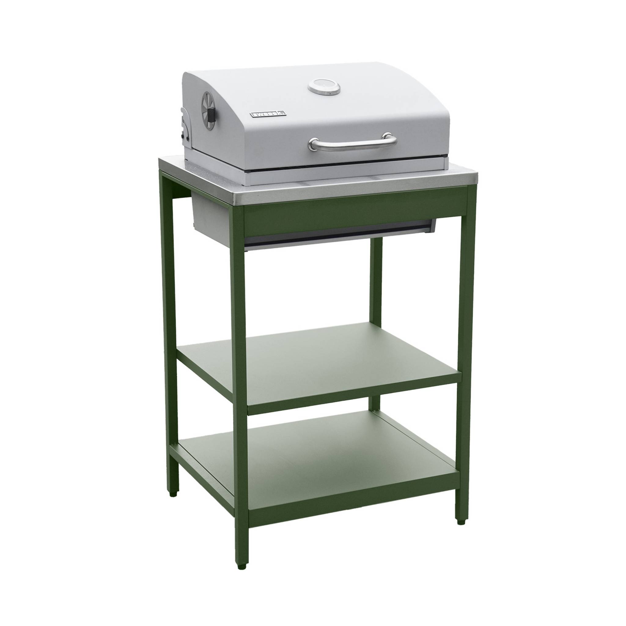 foto del prodotto mobile e barbecue a carbone in acciaio inossidabile con griglia