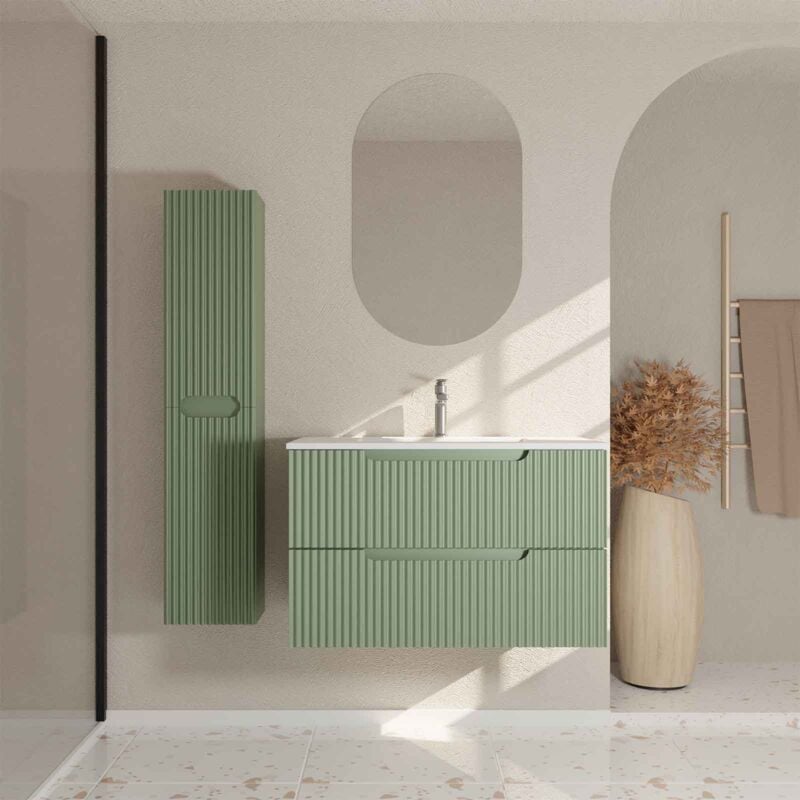 foto del prodotto mobile e colonna bagno leon 80 cm verde oliva frontali ondulati lavabo bianco opaco